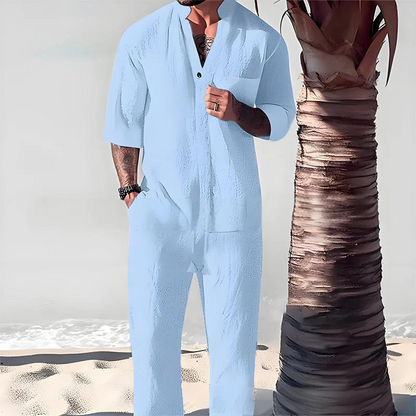 Moderno conjunto de dos piezas de algodón y lino para hombre