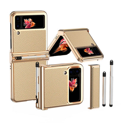 Funda de cuero de lujo para Samsung Galaxy Z Flip3(4) con doble bisagra - Stylus retráctil