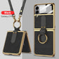 Funda Original de Cuero con Pantalla Trasera de Cristal Templado y Cordón de Seguridad para Samsung Z Flip4 Flip3 5G